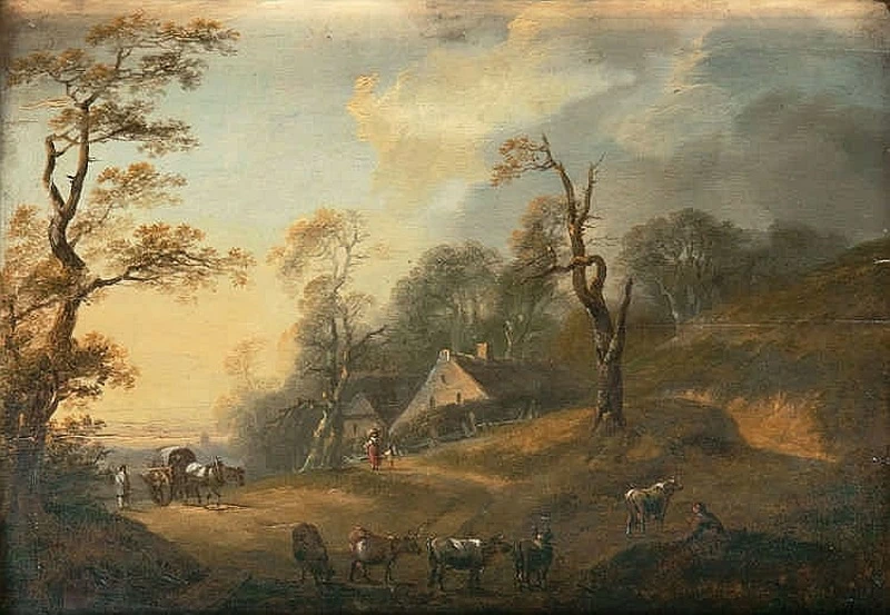 Paesaggio idilliaco con fattoria e pastori